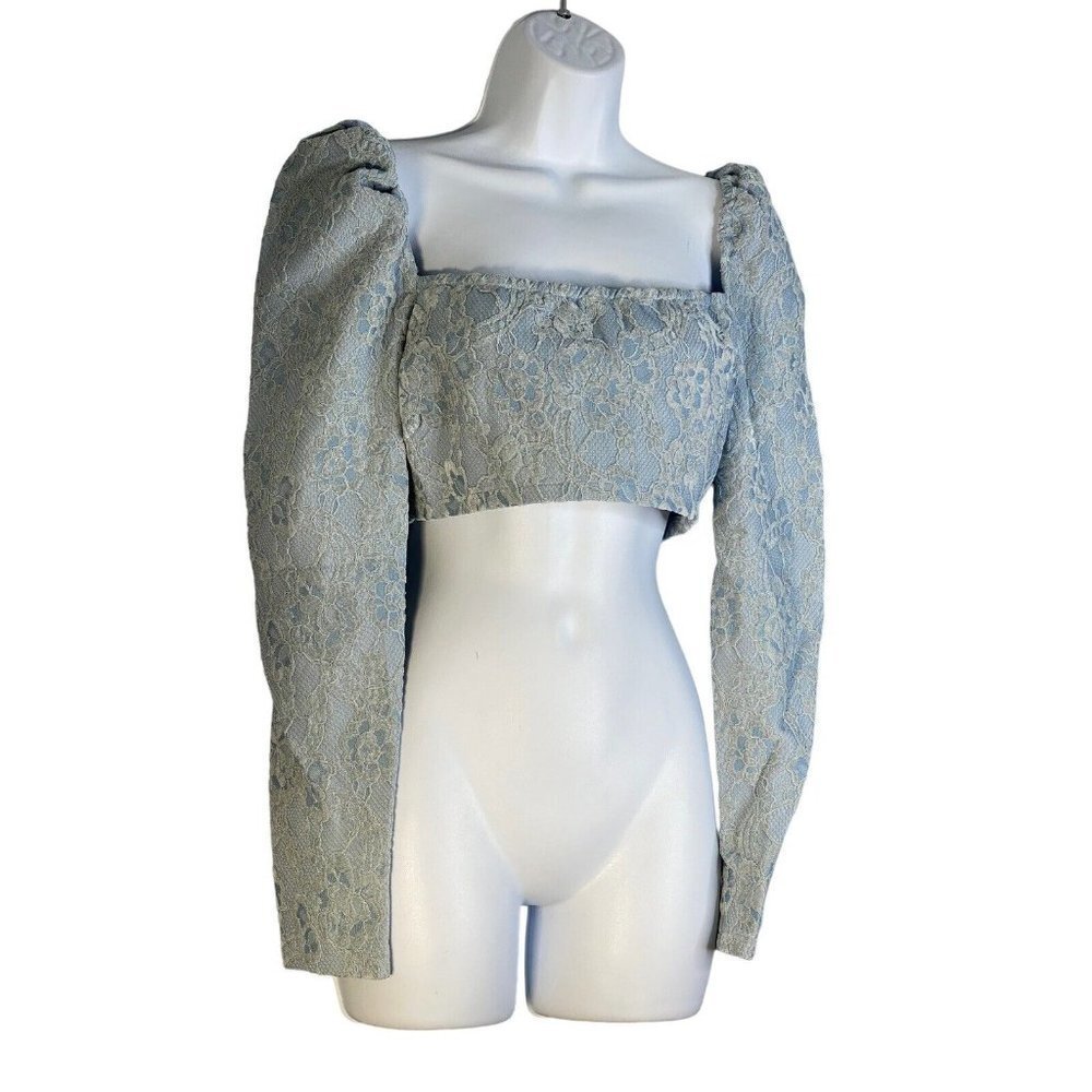 Naked‎ Wardrobe Womens Puff Sleeve Lace Crop Top Long Sleeve Blue Size Small - Picture 3 of 7